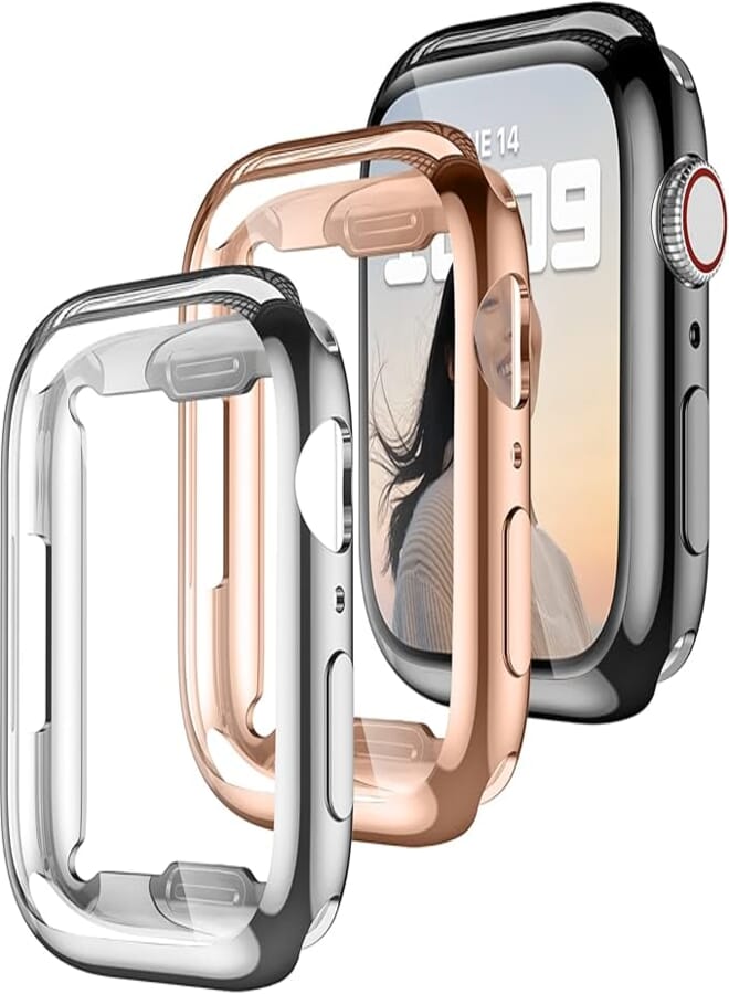 Dirrelo 3 Pack Case Compatible with Apple Watch Series 7 45mm Screen Protector, Full Coverage Protective HD Clear Case, Soft TPU Bumper Cover Compatible with iWatch Series 7, Black/Silver/Gold